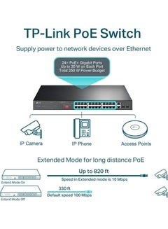 TP-LINK 24 Port 10/100Mbps Fast Ethernet PoE Switch 24 PoE+ Ports @250W, w/ 2 Uplink Gigabit Ports + 2 Combo SFP Slots Limited Lifetime Protection Extend Mode Priority Mode (TL-SL1226P) Black  - Image 2