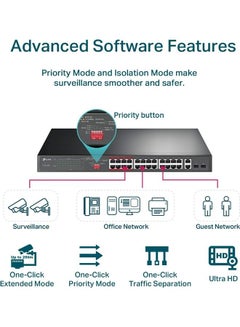TP-LINK 24 Port 10/100Mbps Fast Ethernet PoE Switch 24 PoE+ Ports @250W, w/ 2 Uplink Gigabit Ports + 2 Combo SFP Slots Limited Lifetime Protection Extend Mode Priority Mode (TL-SL1226P) Black  - Image 3