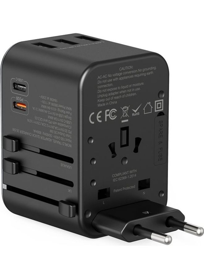 ACE 35.5W PD Travel Adapter, QC 3.0 Universal Adapter, International Travel Adapter with 20W PD Dual Type-C, Universal Adapter Plug with 3 Fast USB Ports for USA, UK/UAE/KSA/Oman and EU/India Black Grey