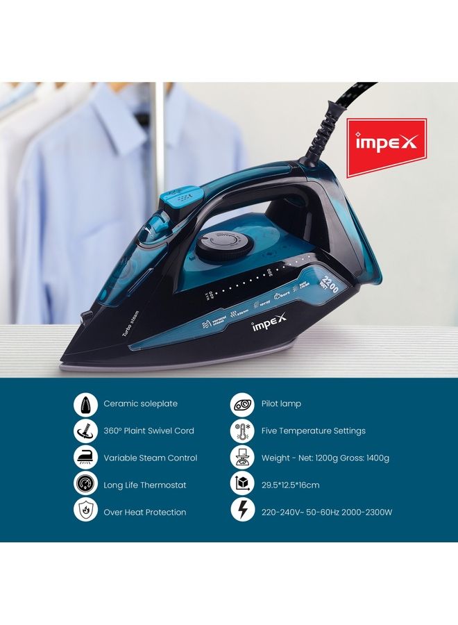 Impex 404 Electric Steam Iron Box, 360 Degree Plaint Swivel Cord Water Spray Ceramic Coated Sole Plate Overheat Protection With Temperature Settings 200 ml 2300 W IBS 404 Black And Blue  - Image 3