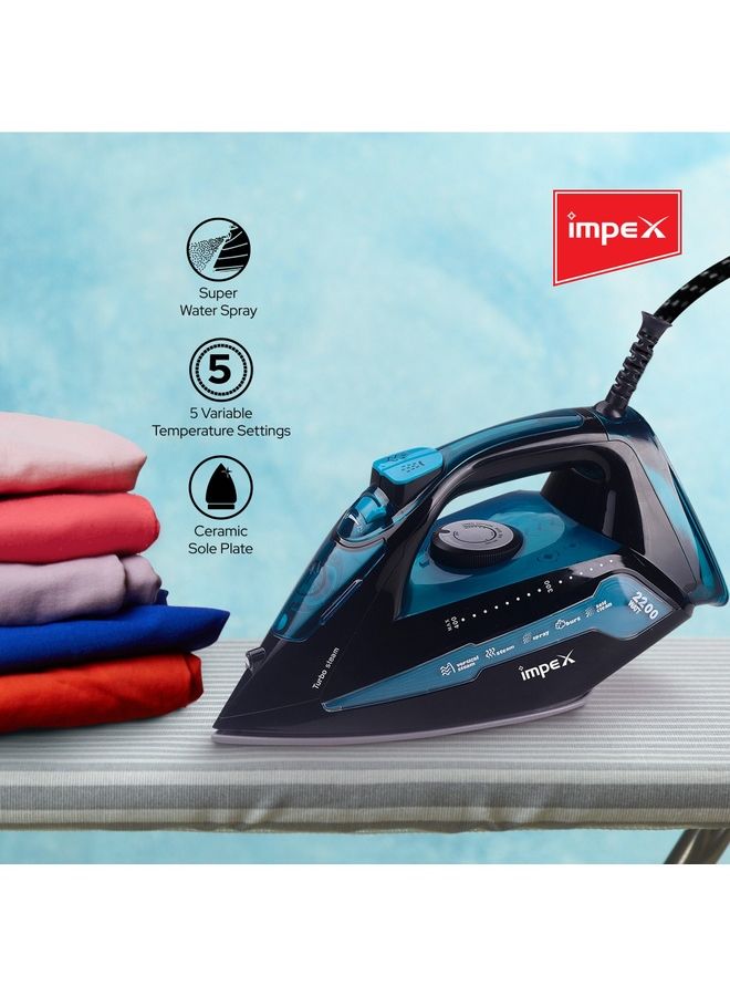 Impex 404 Electric Steam Iron Box, 360 Degree Plaint Swivel Cord Water Spray Ceramic Coated Sole Plate Overheat Protection With Temperature Settings 200 ml 2300 W IBS 404 Black And Blue  - Image 4
