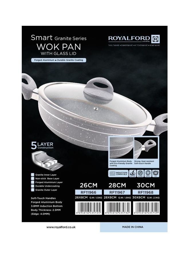 Royalford Smart Granite Series Forged Aluminum Wok Pan With Granite Coating And Lid Grey 30 cmcm  - Image 2