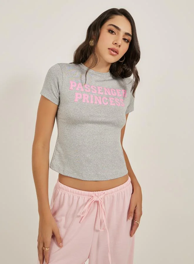Styli Embossed Slogan Round Neck Fitted T-Shirt
