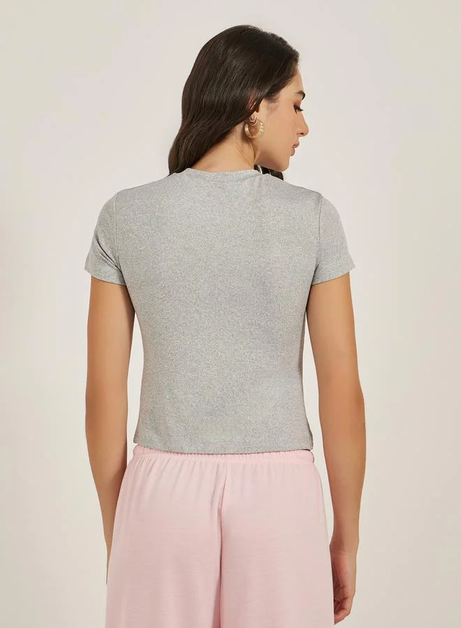 Styli Embossed Slogan Round Neck Fitted T-Shirt
