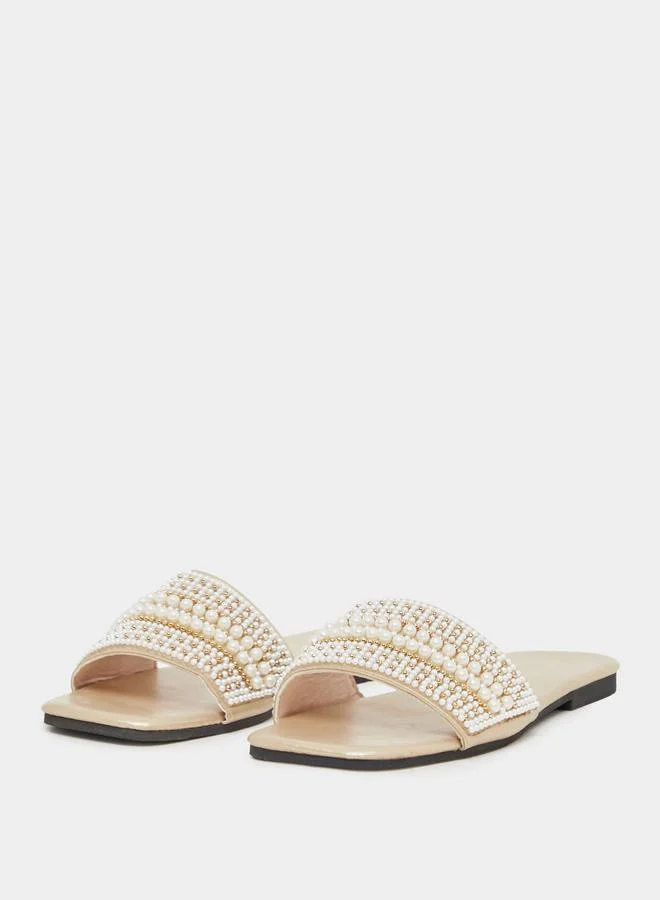 Styli Embellished Pearl Flat Sandals by Styli