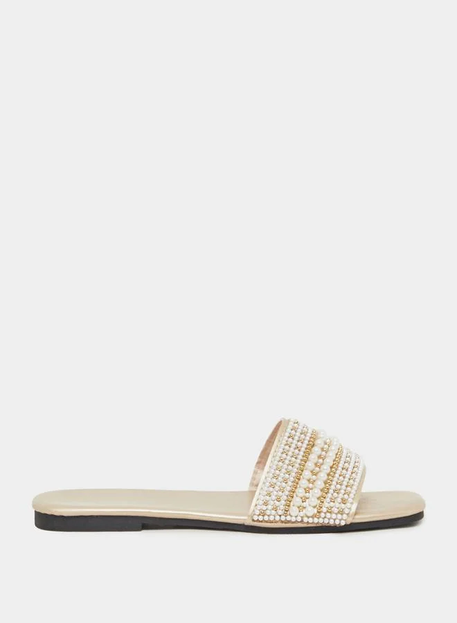 Styli Embellished Pearl Flat Sandals by Styli
