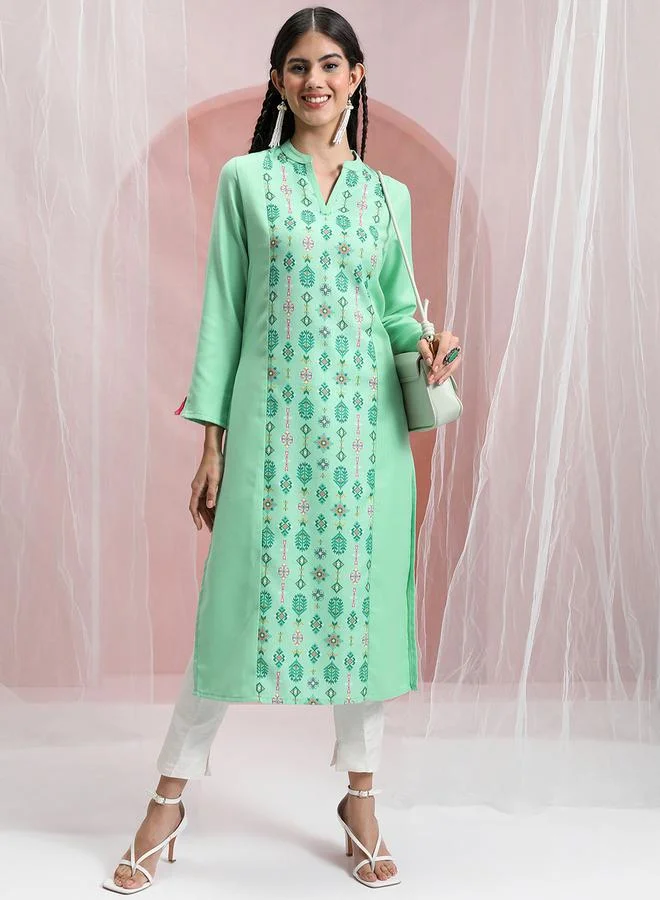 فيشود Women Green Printed Straight Kurta by Styli