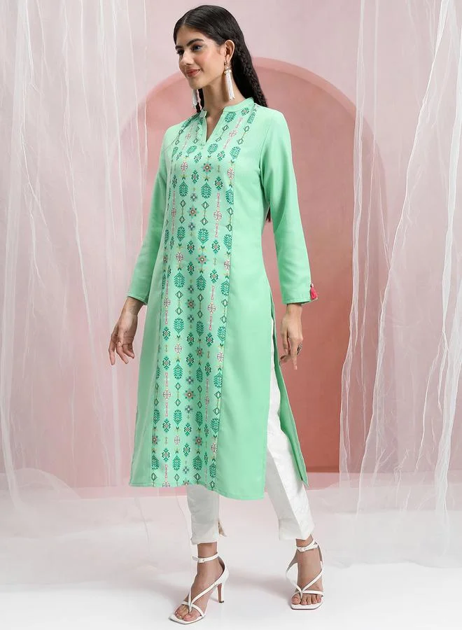 فيشود Women Green Printed Straight Kurta by Styli