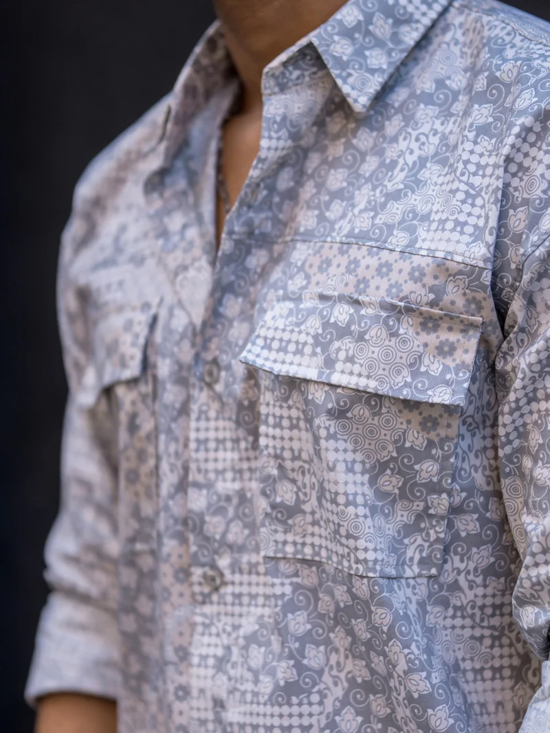 Maniac Maniac Mens All Over Printed Full Sleeve Beige Cotton Shirt