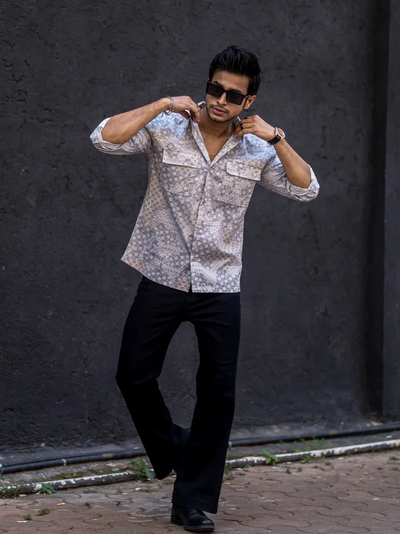 Maniac Maniac Mens All Over Printed Full Sleeve Beige Cotton Shirt