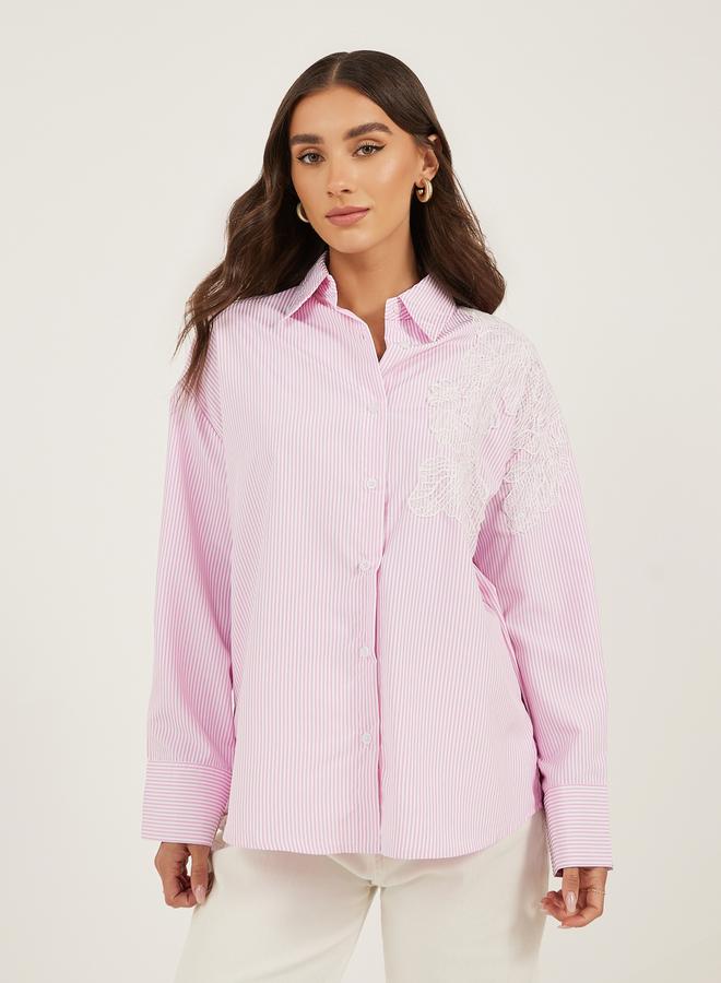 Styli Striped Long Sleeve Oversized Shirt with Lace Detail  - Image 2