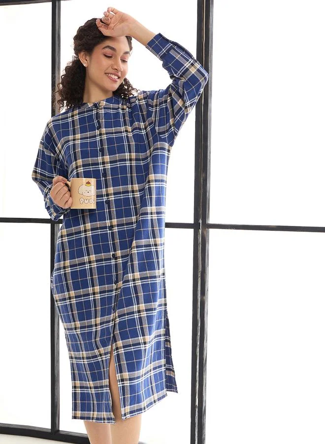 SASSAFRAS Checked Mandarin Collar Longline Shirt Dress