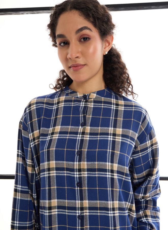 SASSAFRAS SASSAFRAS Checked Mandarin Collar Longline Shirt Dress  - Image 3