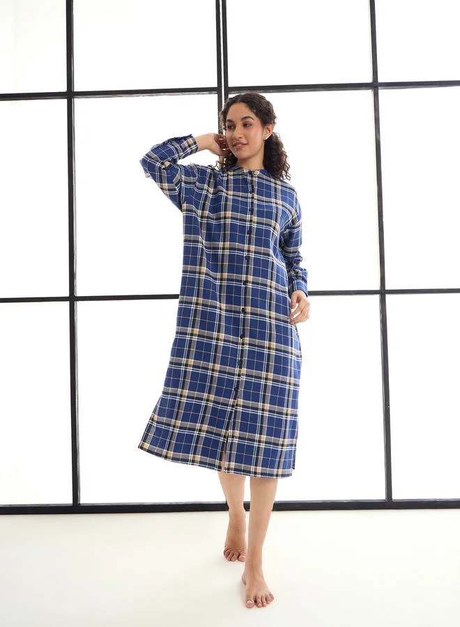 SASSAFRAS Checked Mandarin Collar Longline Shirt Dress