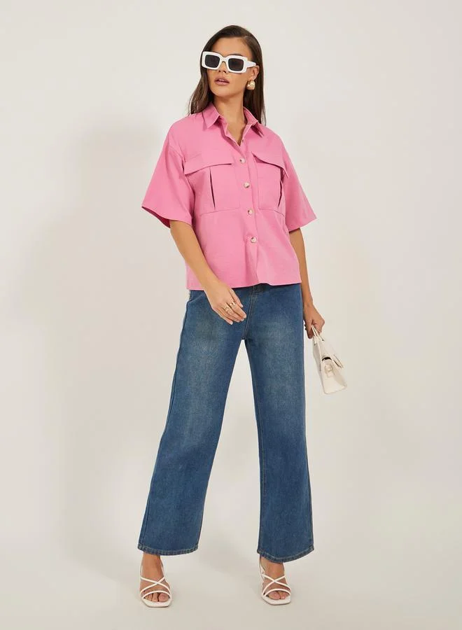 ستايلي Solid Dropped Shoulders Boxy Shirt with Double Pockets