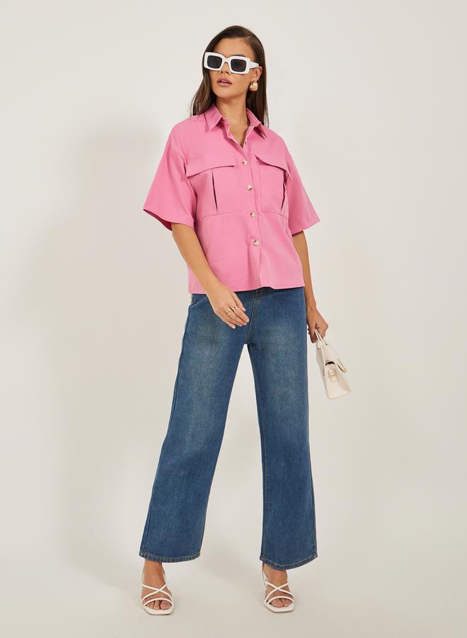 Styli Solid Dropped Shoulders Boxy Shirt with Double Pockets  - Image 2