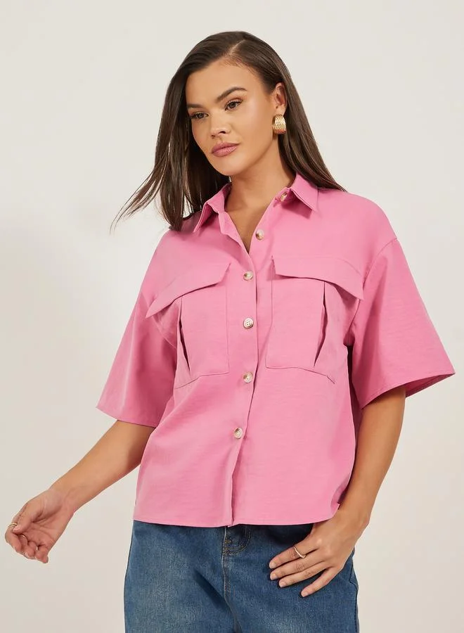 Styli Solid Dropped Shoulders Boxy Shirt with Double Pockets