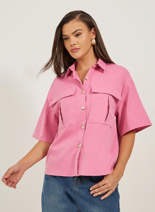 Styli Solid Dropped Shoulders Boxy Shirt with Double Pockets  - Image 3