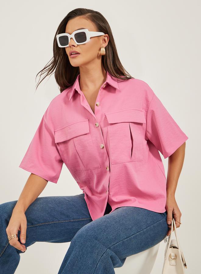 Styli Solid Dropped Shoulders Boxy Shirt with Double Pockets  - Image 1