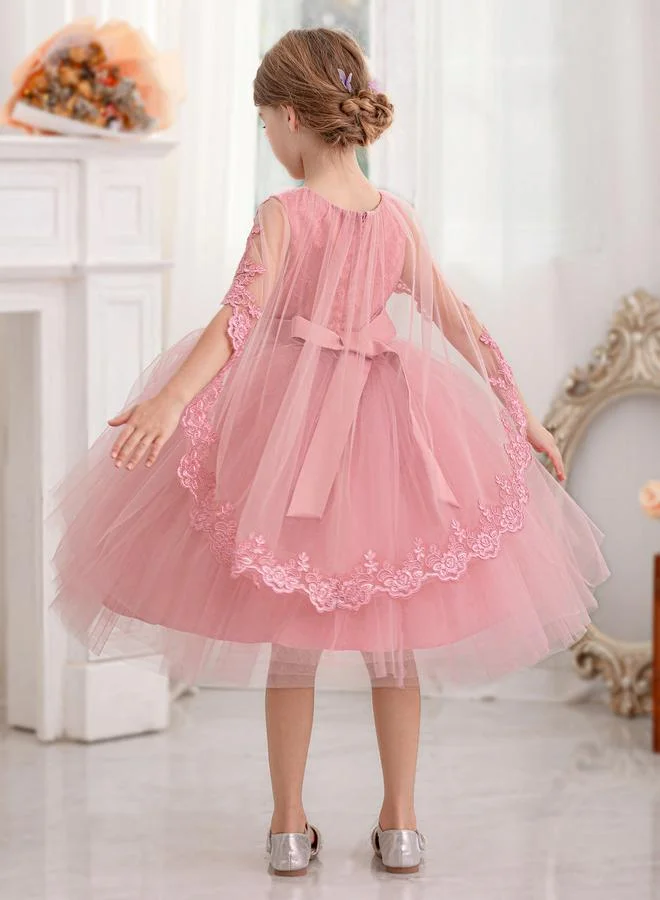 Take Two Lace Cape Sleeve Mesh Fit and Flare Dress by Styli