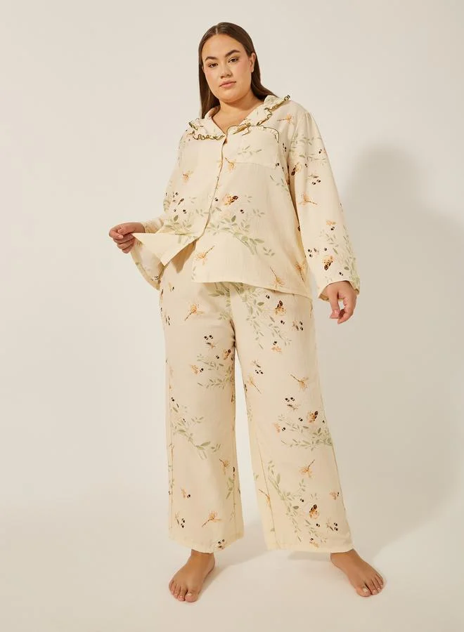 ستايلي Floral print button up pyjama set with scallop edge collar and pocket