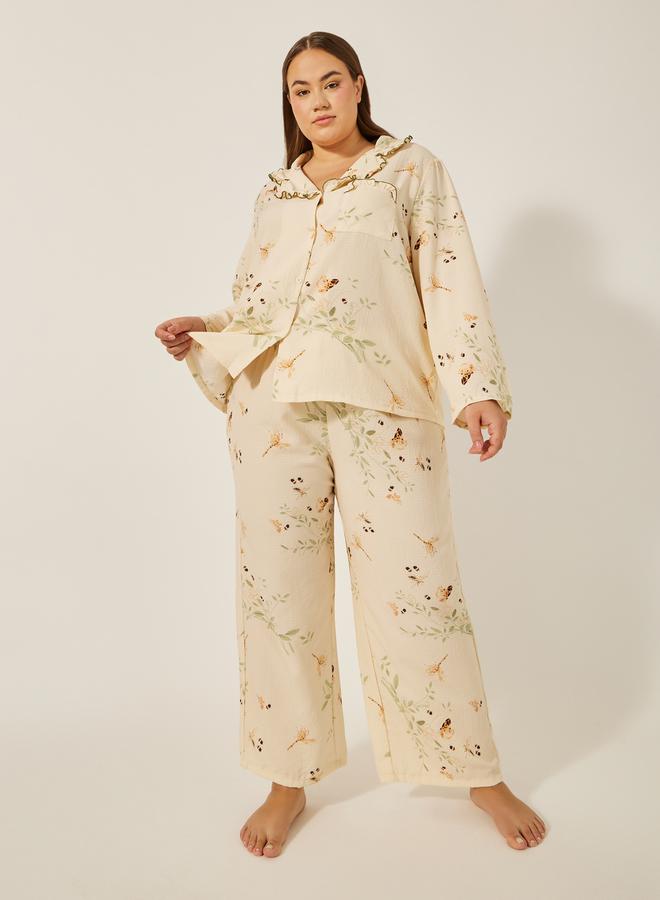 Styli Floral print button up pyjama set with scallop edge collar and pocket  - Image 1
