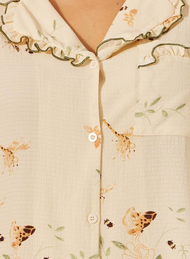 Styli Floral print button up pyjama set with scallop edge collar and pocket  - Image 2