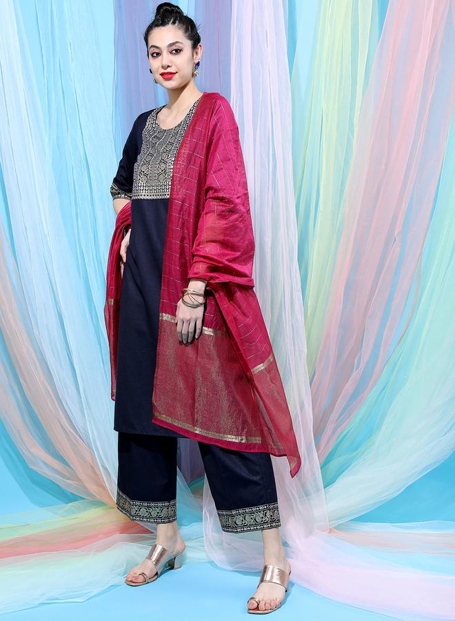 Vishudh Navy Blue Embroidered Kurta Set with Palazzos and Dupatta by Styli  - Image 5