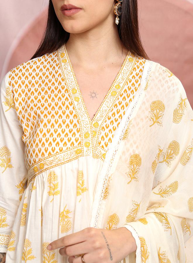 Vishudh - White Floral Printed V-Neck Cotton Kurta Set with Dupatta by Styli - Image 1