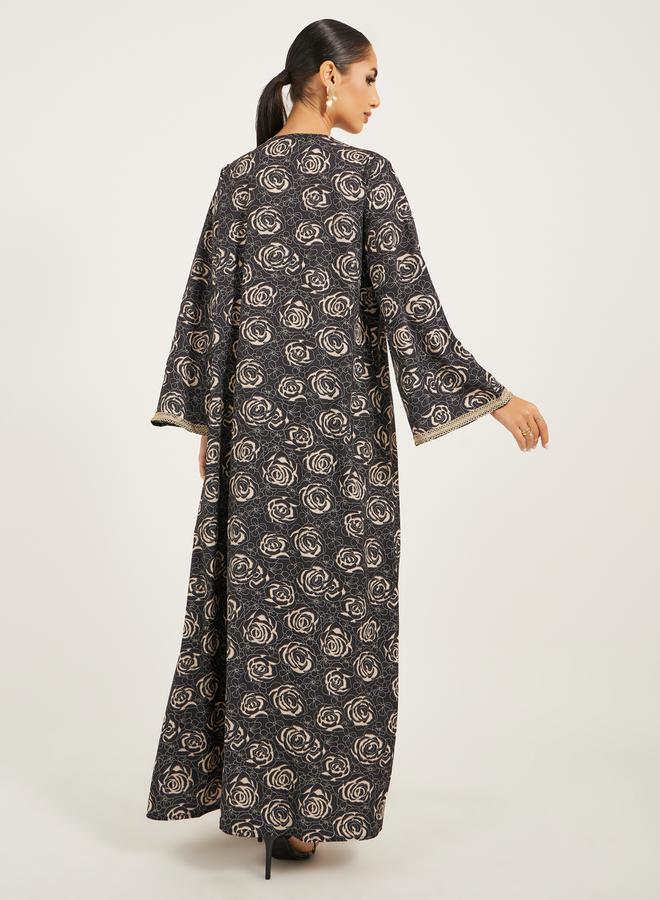 Styli - front open abaya with all over foil print and lace detail at centre front with inner satin dress with lace trims - Image 1