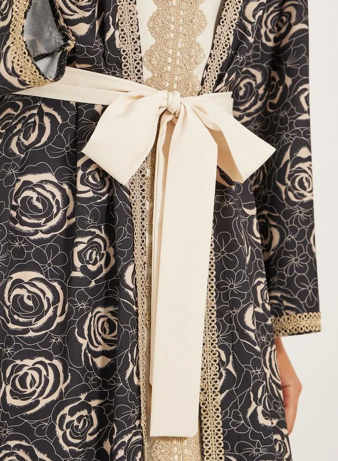 Styli front open abaya with all over foil print and lace detail at centre front with inner satin dress with lace trims