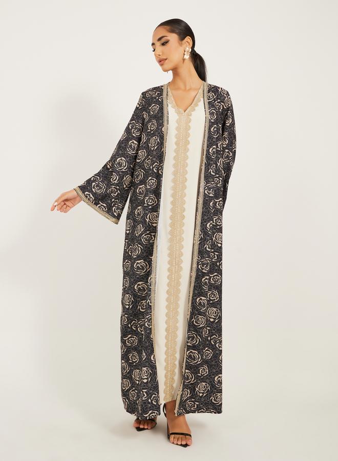 Styli - front open abaya with all over foil print and lace detail at centre front with inner satin dress with lace trims - Image 1