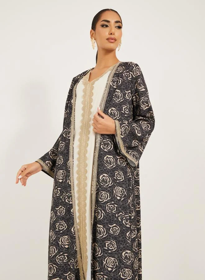 Styli front open abaya with all over foil print and lace detail at centre front with inner satin dress with lace trims