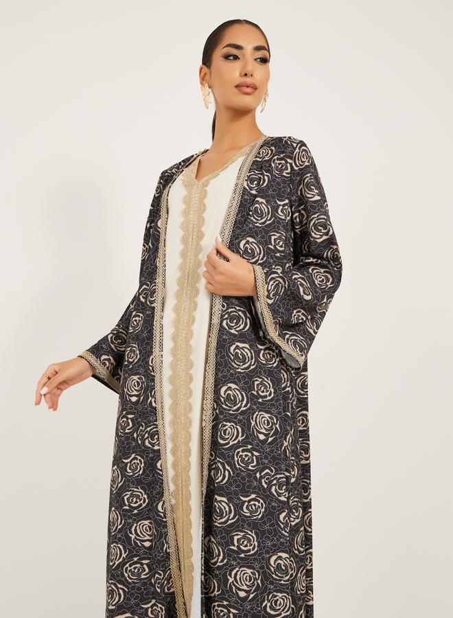 Styli - front open abaya with all over foil print and lace detail at centre front with inner satin dress with lace trims - Image 1