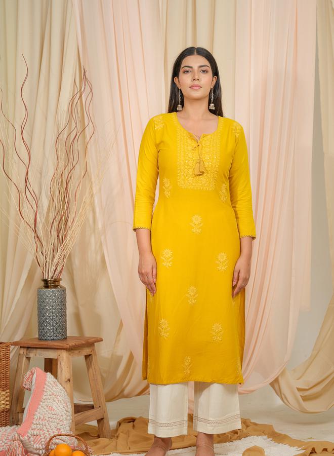 DW Floral Embroidered Tie-Up Neck Straight Kurta by Styli  - Image 1