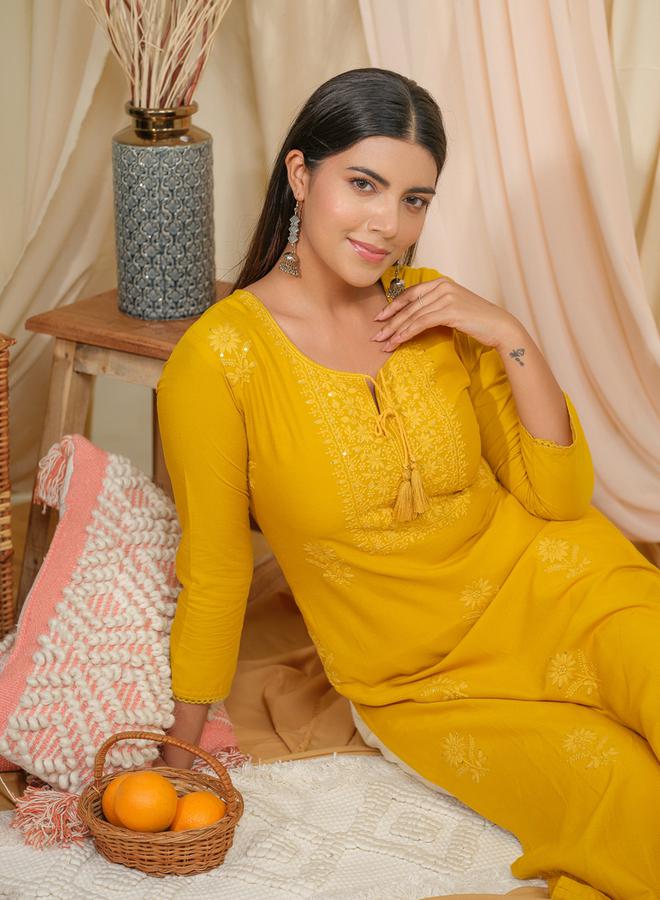 DW Floral Embroidered Tie-Up Neck Straight Kurta by Styli  - Image 5