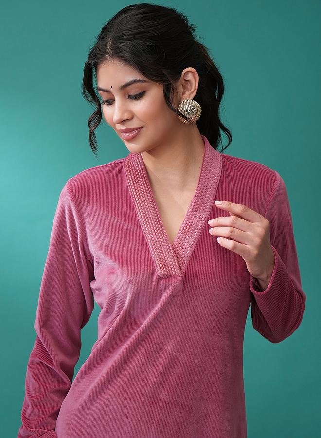 Vishudh - Women Pink V Neck Long Sleeves Gotta Patti Kurta by Styli - Image 1