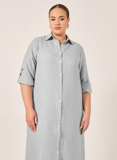 Styli Plus Size Roll-Up Sleeves Shirt Maxi Dress  - Image 3