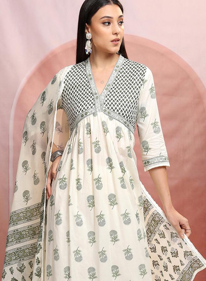 Vishudh Women White Floral Printed V-Neck Cotton Kurta Set by Styli  - Image 1