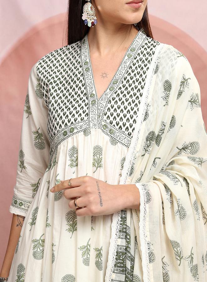 Vishudh Women White Floral Printed V-Neck Cotton Kurta Set by Styli  - Image 5