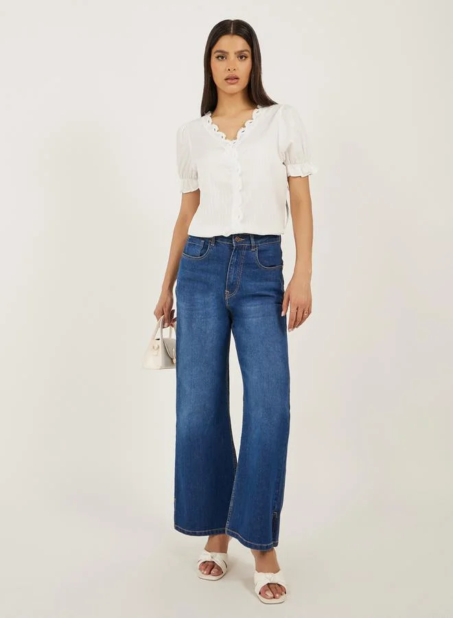 Styli White Solid Lace Trim Blouse