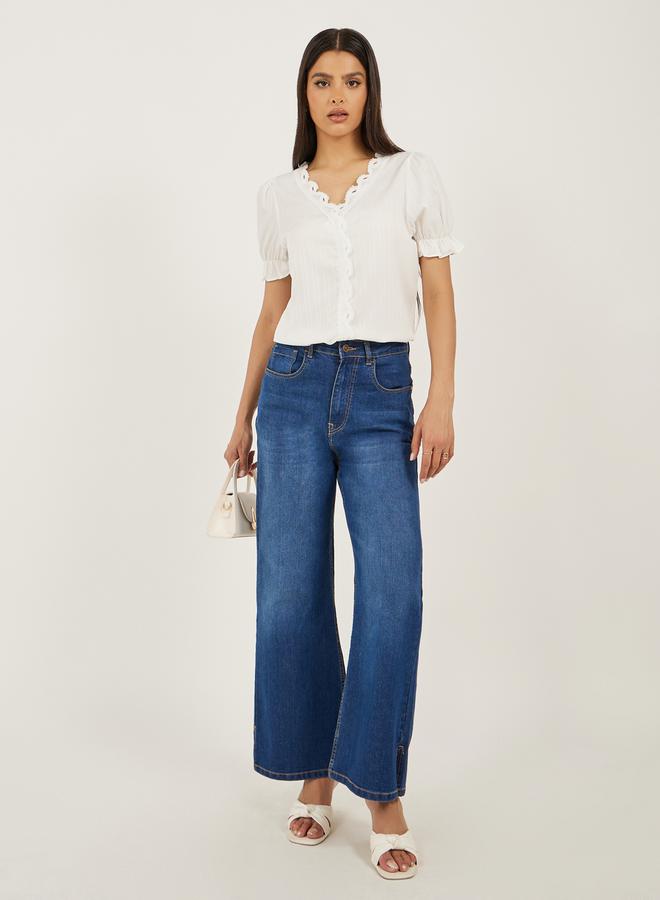 Styli White Solid Lace Trim Blouse  - Image 3