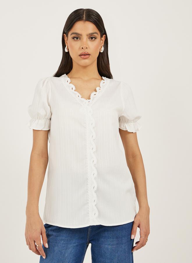 Styli White Solid Lace Trim Blouse  - Image 2
