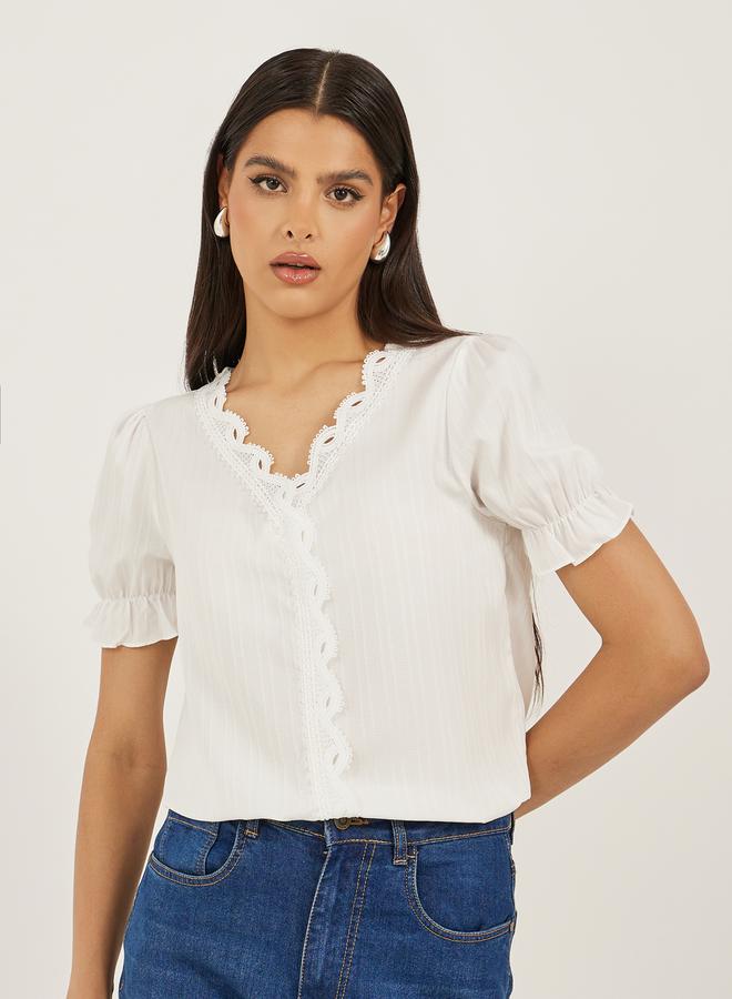 Styli White Solid Lace Trim Blouse  - Image 1