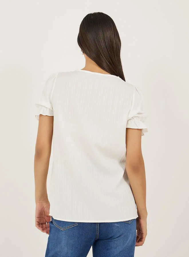Styli White Solid Lace Trim Blouse