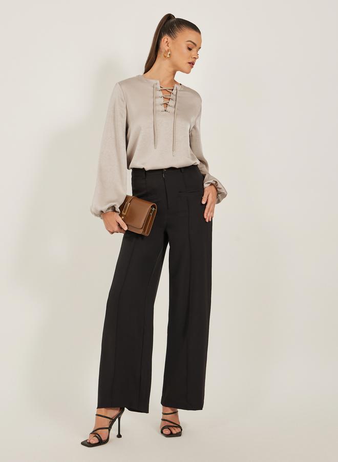 Styli Solid Lace Up Neckline Blouse with Balloon Sleeves - Image 2