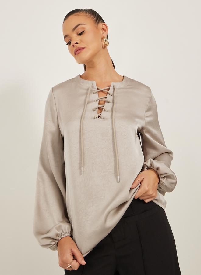 Styli Solid Lace Up Neckline Blouse with Balloon Sleeves - Image 3