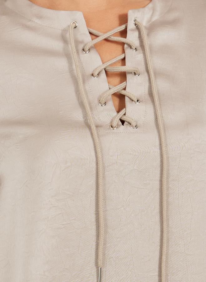 Styli Solid Lace Up Neckline Blouse with Balloon Sleeves - Image 4