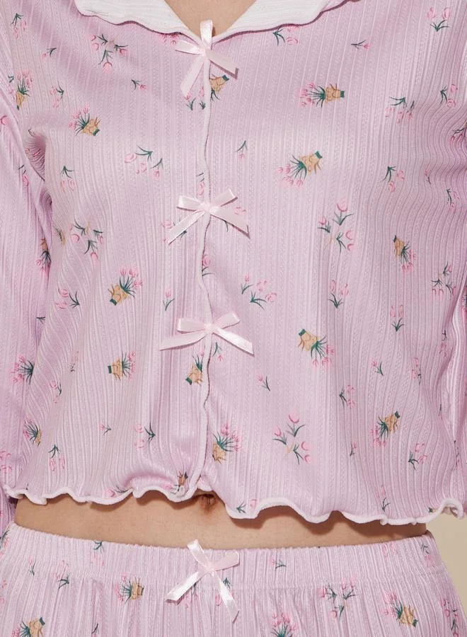 Styli Floral Print Ribbed Lettuce Edge Hem Top and Pyjama Set