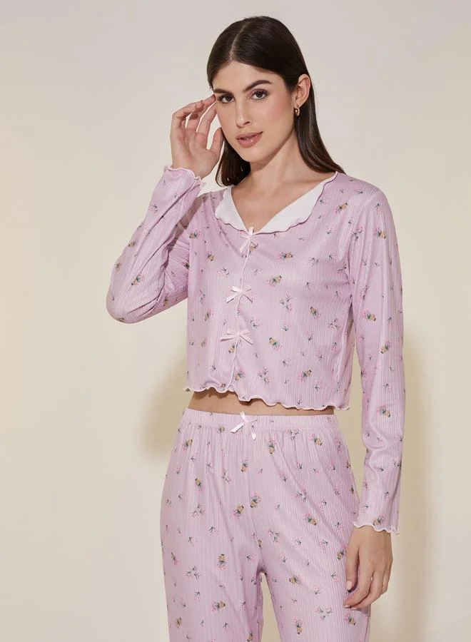 Styli Floral Print Ribbed Lettuce Edge Hem Top and Pyjama Set